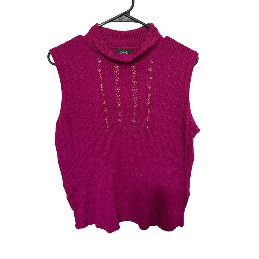 RQT Sweater Tank Fuschia with Beaded Front Mock Neck Womans L